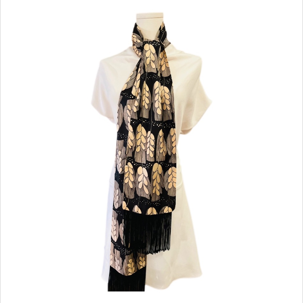 Vintage Elegant Black and Gold Fringed Scarf